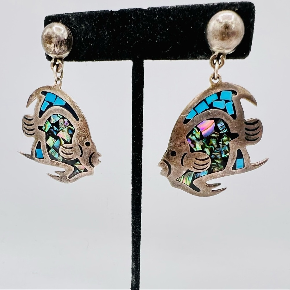 Vintage 925 silver Mexico tropical fish abalone turquoise inlay mosaic earrings